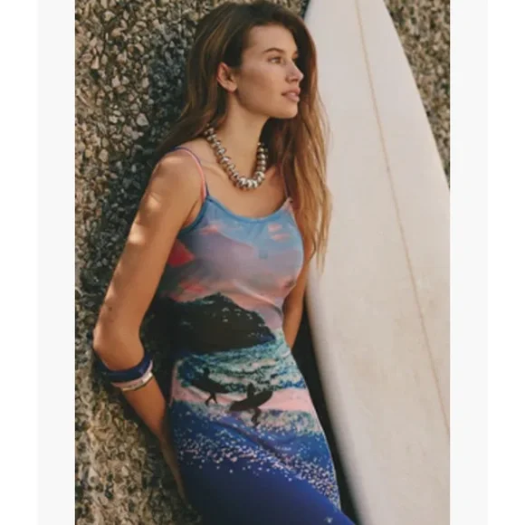 Celandine Printed Mesh Midi Dress Surfs Up Scene Print Small $88 Anthropologie - Picture 3 of 15